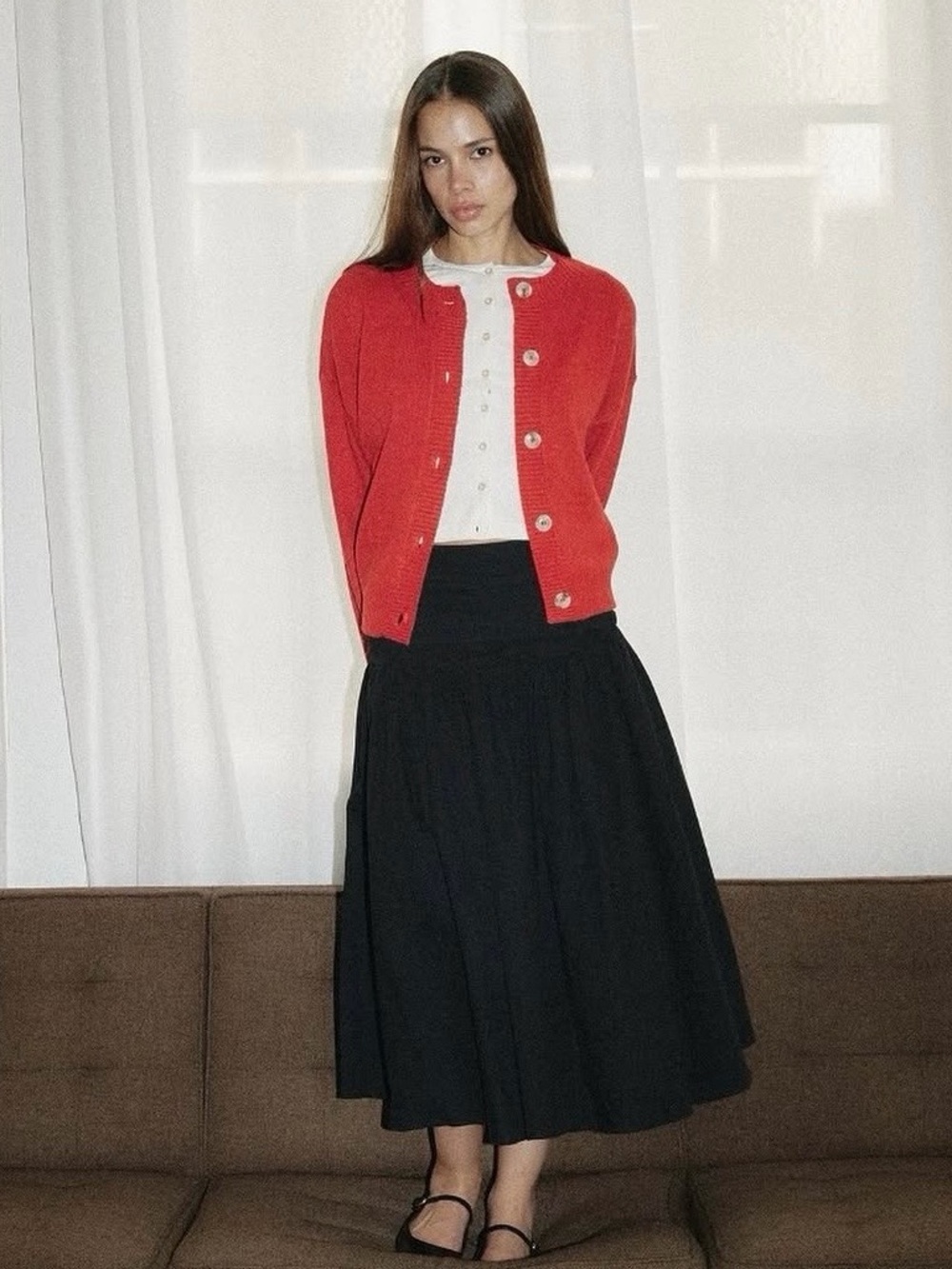 Elegant Black Linen Blend Midi Skirt with Full A-Line Silhouette